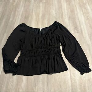 Nine West Black Satin Stretch V Neck Long Sleeve Blouse Sz L